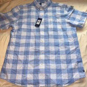 NWT Chaps Mens XL Blue White Gingham Linen Blend Short Sleeve Button Down Shirt
